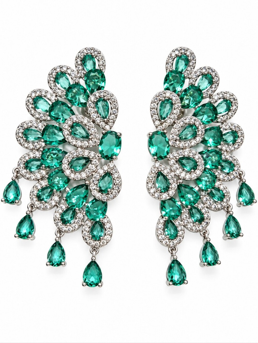 Emerald Teardrop Statement Earrings - Green Crystal Cascade